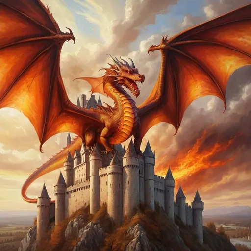 Prompt: Dragon flying over medieval castle, oil painting, detailed scales and wings, majestic fiery breath, ancient architecture, high quality, realistic, medieval fantasy, warm tones, dramatic lighting