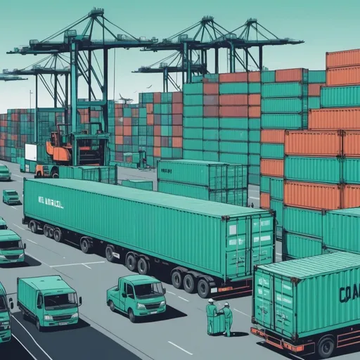 Prompt: 
Delivery of containers at the port, where containers are loaded and unloaded from cargo ships. Clean, monochromatic style, greenish blue colors, thin black outline.
Traffic, port workers
zoom,