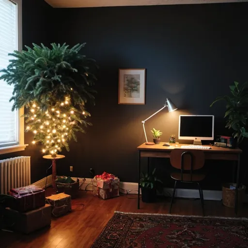 Prompt: Big room with darl walls , lamp , one big plant , desk computer, christmas light