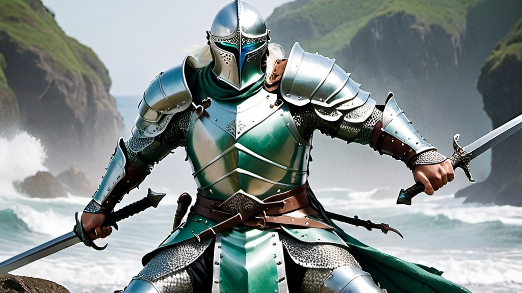 Prompt: 6ft white human male wielding great sword and scale mail armor with sea green eyes fighting a person