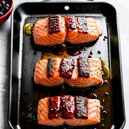 Prompt: grilled Salmon with red wine reduction ingredients salmon, olive oil, salt, pepper, red wine, beef stock, shallots. instructions grill salmon in hot olive oil, season with salt and pepper. remove, sauté shallots. add red wine, reduce. add beef stock, reduce. pour over steaks.