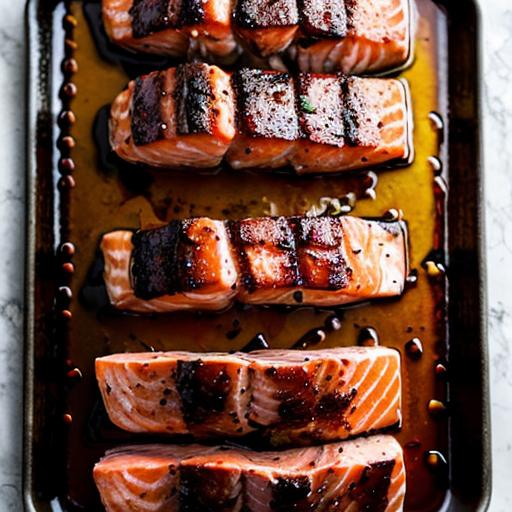 Prompt: grilled Salmon with red wine reduction ingredients salmon, olive oil, salt, pepper, red wine, beef stock, shallots. instructions grill salmon in hot olive oil, season with salt and pepper. remove, sauté shallots. add red wine, reduce. add beef stock, reduce. pour over steaks.