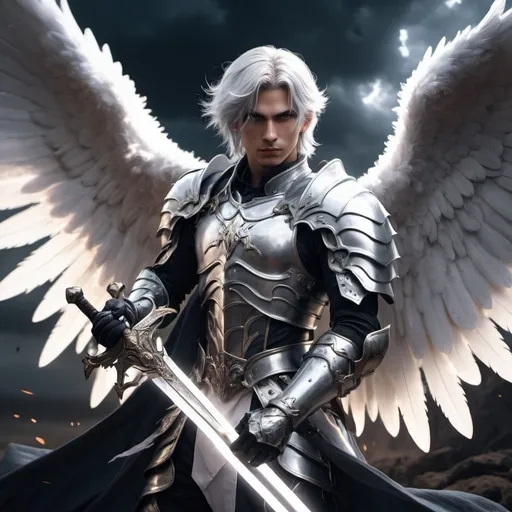 Prompt: A male angel knight with silver hair and wings holding a magic sword, epic, dark fantasy, pose, 8k, HD, vibrant, high detail, cinematic, gritty, ethereal, full body, elspeth tirel, anime style, perfect face, anime aesthetic, anime, white lightning, sky 