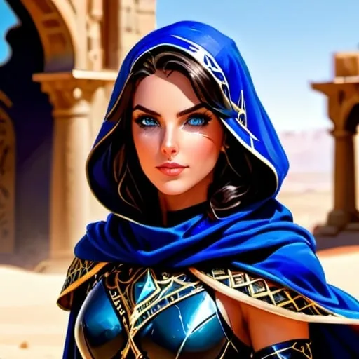 Prompt: Half body portrait of a gorgeous huntress, dark hair, blue eyes, wearing Arabian armour and cloak , bright ambient light in a sunlit landscape, sunlight, desert sands scattered ruins, pretty girl, perfect anatomy, centered, highly detailed, character sheet, artstation, concept art, smooth, sharp focus, illustration, intricate, elegant, 8K,  unreal engine,symmetry, perspective 