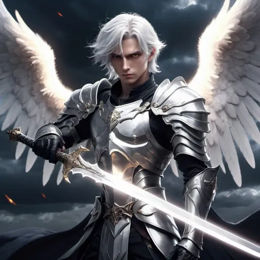 Prompt: A male angel knight with silver hair and wings holding a magic sword, epic, dark fantasy, pose, vibrant, high detail, cinematic, gritty, ethereal, full body, illustration, anime style, perfect face, anime aesthetic, anime, white lightning, sky 