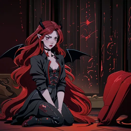 Prompt: A beautiful red-headed succubus with small black horns and bat wings wearing a black and red corset kneeling on the floor inside a magic summoning circle
