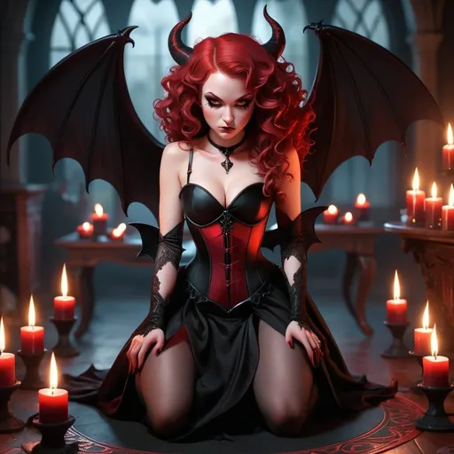 Prompt: Beautiful succubus in black and red corset dress, red curly hair with small black horns and bat wings, kneeling on floor in magic summoning circle, dark color palette, Gothic furniture, candlelight, highres, detailed, gothic, elegant, dark tones, candlelit, elaborate dress, intricate details, atmospheric lighting