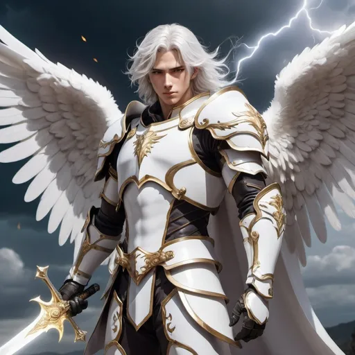Prompt: A male angel knight with flowing shoulder length silver hair and wings. His white Armor is trimmed with gold and his glowing shield is emblazoned with the image of a sword. He is also holding a large magic sword, epic, dark fantasy, pose, 8k, HD, vibrant, high detail, cinematic, gritty, ethereal, full body, illustration, anime style, perfect face, anime aesthetic, anime, white lightning, sky 