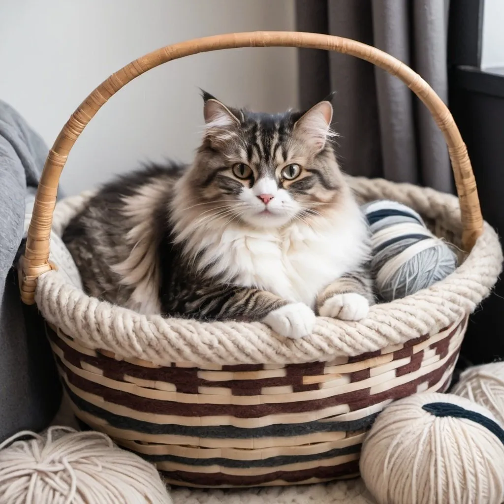 Prompt: A fluffy cat with a striped coat lounging lazily in a cozy basket filled with soft pillows and a yarn ball nearby.