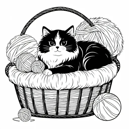 Prompt: A fluffy cat with a striped coat lounging lazily in a cozy basket filled with soft pillows and a yarn ball nearby.