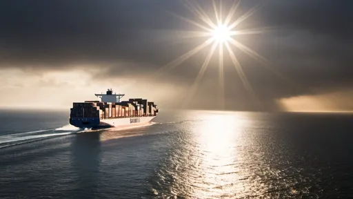 Prompt: Photo of a container ship moving away from the camera towards the cost with low level cloud and the sun sparkling off the water