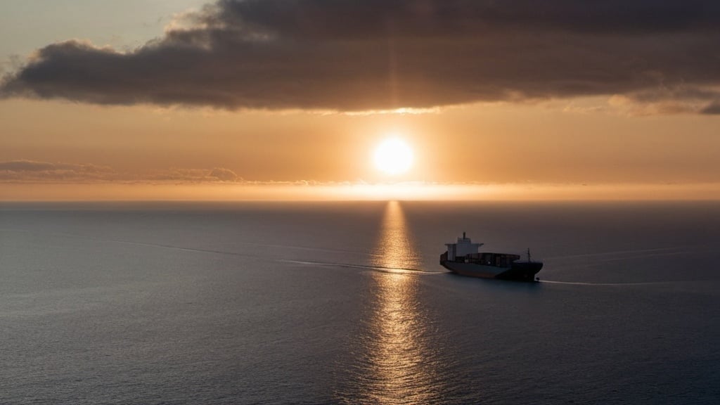 Prompt: Photo of a container ship on the sea with low level cloud, with the sun rising in the background with the coast in the distance. 