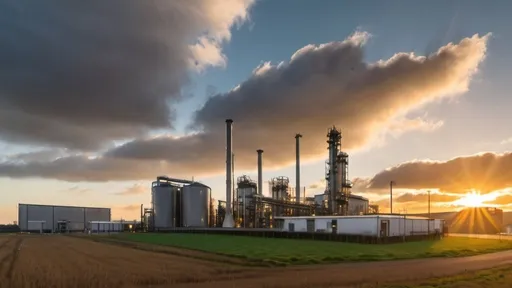 Prompt: Photo of a chemical plant in the field with low level cloud and sun setting in the background. Include a carpark, office building and biomass storage shed. 