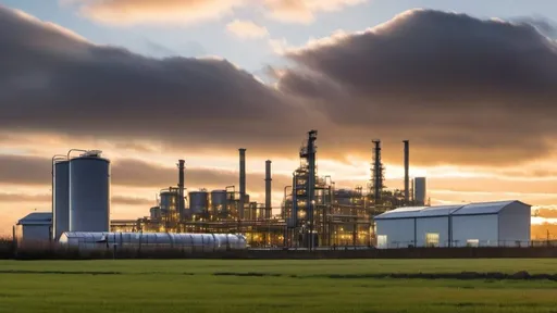 Prompt: Photo of a chemical plant in the field with low level cloud and sun setting in the background. Include a carpark, office building and biomass storage shed. 