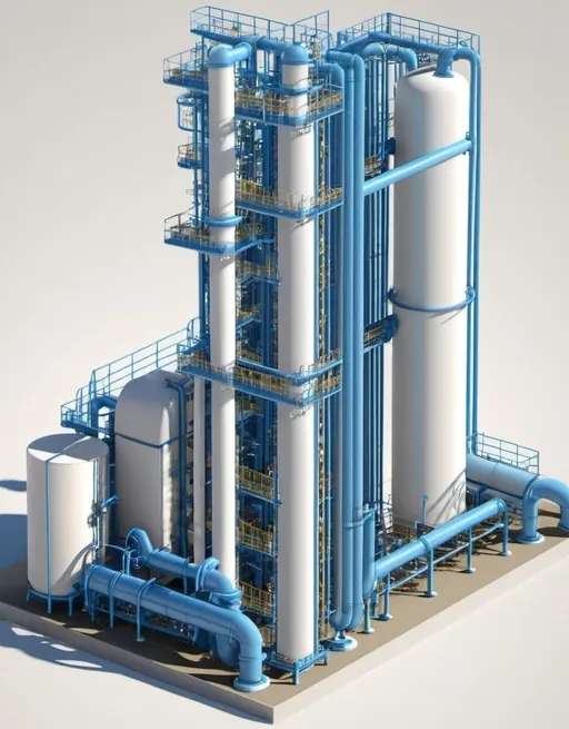 Prompt: 3D render of a chemical plant column with associated piping