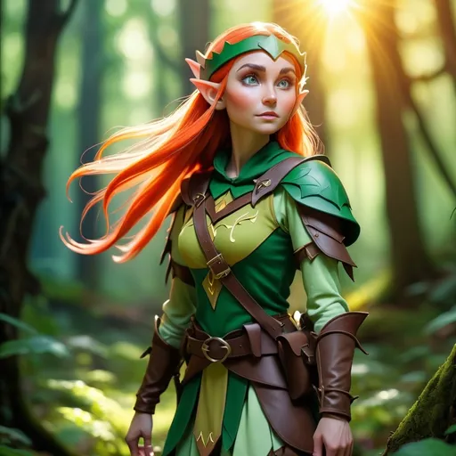 Prompt: Elf ranger in a mystical forest around sunlight, great colors and fun panorama