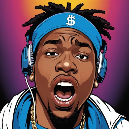 Prompt: Close up front shot of a cartoon rapper holding a mic up to his mouth. He is wearing a headband and his face shows excitement. Album cover art for a hip hop song titled "Spit In Your Face." 