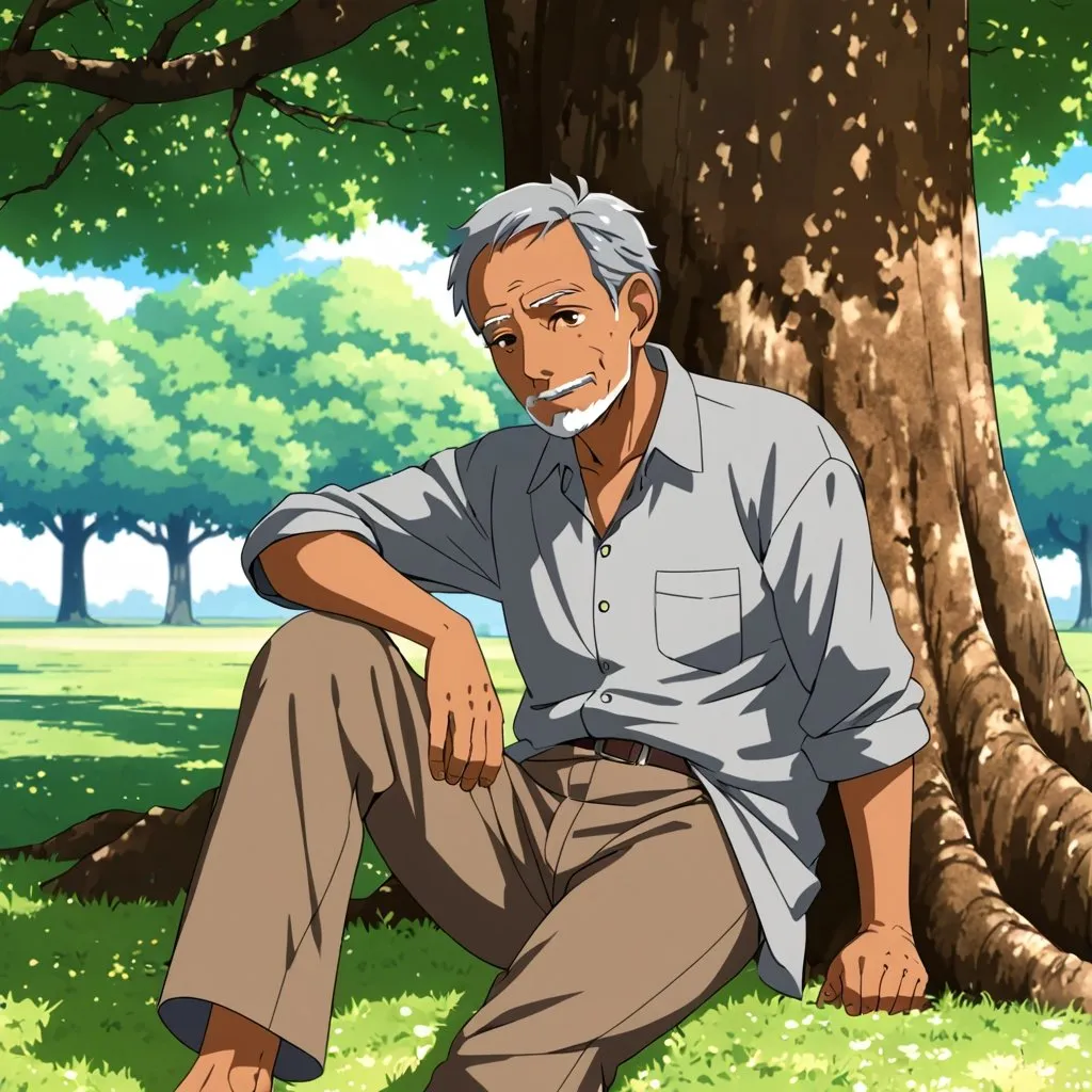 Prompt: Brown man,  old gray shirt brown pants, under a tree, anime 60 yrs old man relaxing by the tree 
