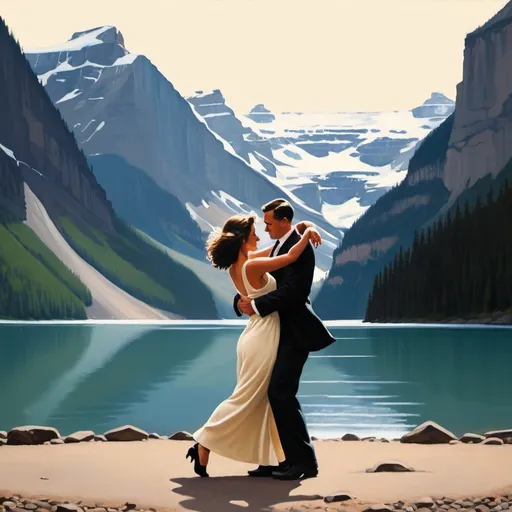 Prompt: Create a painting of a couple dancing in front of Lake Louise in the style of Jack Vettriano