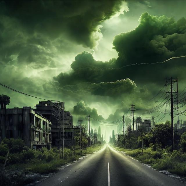 Prompt: greeny radioactive clouds over a dark city skyline, picture taken on an empty small road between the huge buildings in decay overgrown by plants and trees are covering  in a post apocalyptic setting 