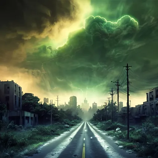 Prompt: greeny radioactive clouds over a dark city skyline, picture taken on an empty small road between the huge buildings in decay overgrown by plants and trees are covering  in a post apocalyptic setting 