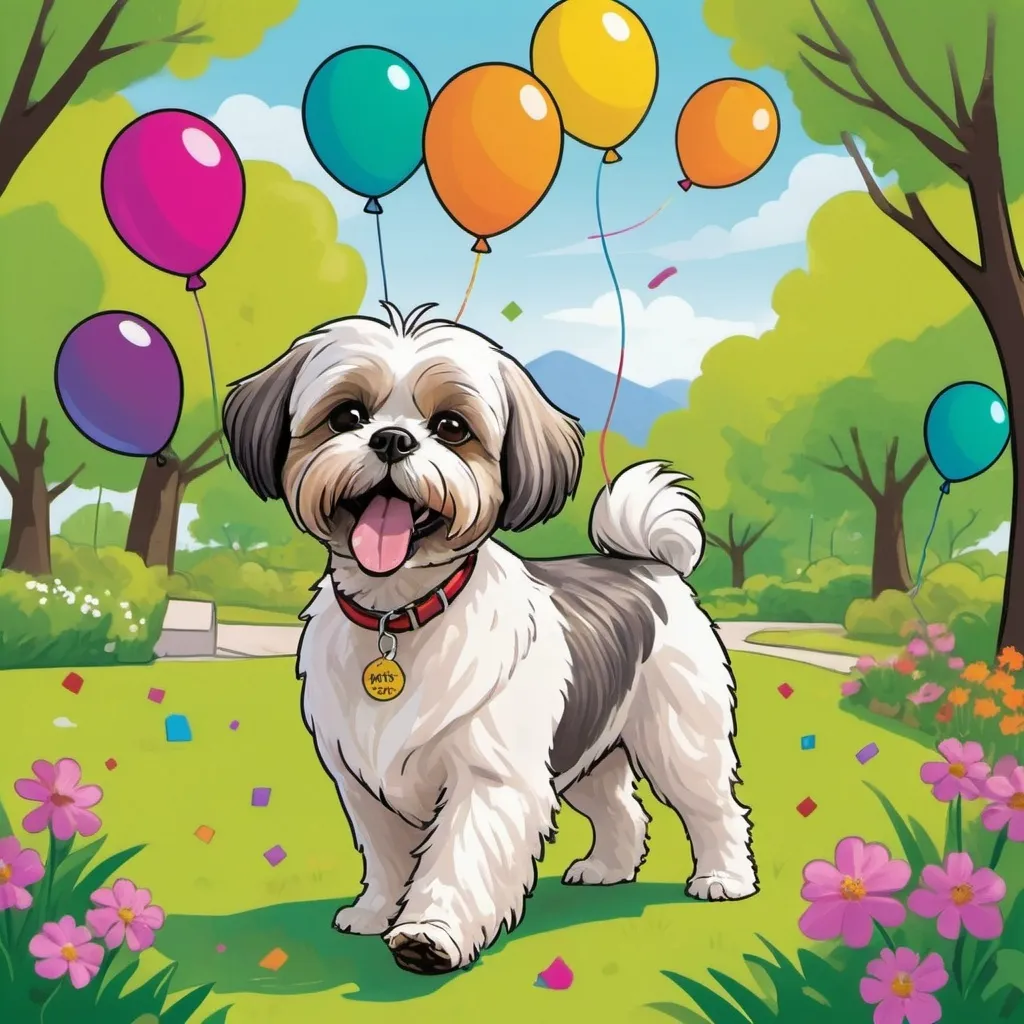 Prompt: Birthday card for "Inge"

Theme: Dog of crossbreed dog between boomer and maltese shitshu walking through the park while drinking craft beer thinking about going back to greece on holiday.

Make it cartoonish and include a happy birthday message


