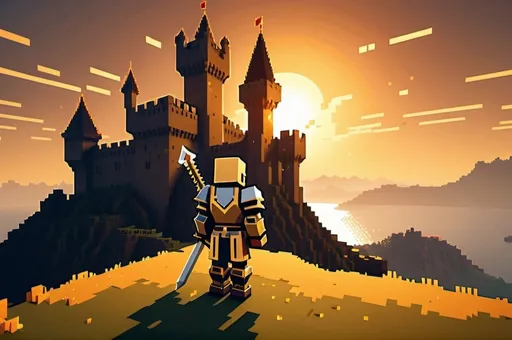 Prompt: Minecraft medieval knight overlooking sunrise landscape, castle in the background, blocky pixel art style, warm golden tones, detailed armor and weaponry, majestic castle silhouette, high quality, pixel art, medieval, sunrise landscape, detailed knight, castle, blocky style, warm tones, majestic silhouette, atmospheric lighting