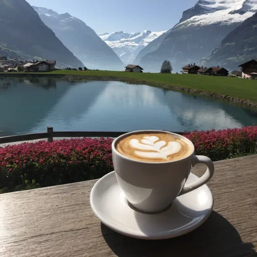 Prompt: a morning in switzerland with a cup of coffee