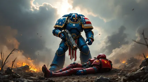 Prompt: Visualize a formidable Warhammer 40k Ultramarine, its imposing figure standing resolute amid a post-apocalyptic battlefield. The armor is a breathtaking fusion of deep cobalt blue, emblazoned with bold red and white stripes, reminiscent of the American flag, fluttering like a battle standard in the acrid wind. Its pauldrons emblazoned by the American flag. Sunlight breaks through heavy, dark clouds above, casting dramatic shadows and illuminating the intricate patterns of the armor, highlighting battle scars that tell tales of countless conflicts. The Ultramarine's visor glints with steely determination, an emblem of resilience and honor, as it clutches a massive bolter, aimed at the head of a fallen foe that lies before him. His right heel pressed against the chest of the fallen foe. The foe at the feet of the American themed Ultramarine is a red colored Ultramarine who's armor is adorned with the Chinese Communist Party's flag. On the foe's pauldron, the yellow hammer and sickle symbol of the CCP is clearly visible. A haze of smoke drifts across the ground, and distant explosions punctuate the air, creating a cinematic atmosphere that conveys both valor and the weight of war. This scene would come alive in a dark fantasy concept art style.