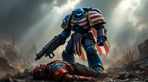Prompt: Visualize a formidable Warhammer 40k Ultramarine, its imposing figure standing resolute amid a post-apocalyptic battlefield. The armor is a breathtaking fusion of deep cobalt blue, emblazoned with bold red and white stripes, reminiscent of the American flag, fluttering like a battle standard in the acrid wind. Its pauldrons emblazoned by the American flag. Sunlight breaks through heavy, dark clouds above, casting dramatic shadows and illuminating the intricate patterns of the armor, highlighting battle scars that tell tales of countless conflicts. The Ultramarine's visor glints with steely determination, an emblem of resilience and honor, as it clutches a massive bolter, aimed at the head of a fallen foe that lies before him. His right heel pressed against the chest of the fallen foe. The foe at the feet of the American themed Ultramarine is a red colored Ultramarine who's armor is adorned with the Chinese Communist Party's flag. On the foe's pauldron, the yellow hammer and sickle symbol of the CCP is clearly visible. A haze of smoke drifts across the ground, and distant explosions punctuate the air, creating a cinematic atmosphere that conveys both valor and the weight of war. This scene would come alive in a dark fantasy concept art style.