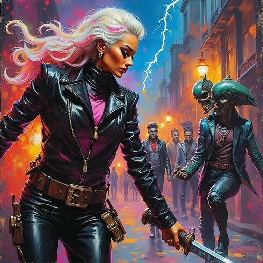 Prompt: Mae West as Zsa Zsa Gabor as Marilyn Monroe as Mysterious Powerfully Built Vagrant Derelict Hippie Warrior Empress Queen with Long Wavy Multicolored Kaleidoscopic Hair and Wearing Multicolor Turtleneck Leather Capes Fighting Otherworldly Freaky Vampire Alien Extraterrestrials on Fantastic Futuristic Stunning Spectacular San Francisco Street with Colorful Lightning Sparks Clouds in Background