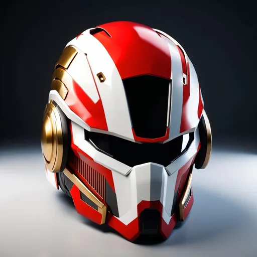 Prompt: (Sci-fi futuristic advanced superhero combat helmet), inspired by (Canada flag), red and gold accents, intricate details, high-tech design, (horizontal visor full face), dramatic contrast and shadows, vibrant color tones, ultra-detailed, (4K), sleek and modern aesthetic, a blend of advanced technology and patriotism, emphasizes innovation and strength, captivating lighting effects to enhance the dramatic look.