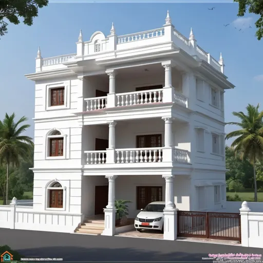 Prompt: Ground and first floor house 36*45 feet. Standing out portico of 17*12 feet in the front middle. Balcony above portico size 17*8 feet in the first floor. 2 colonial style column in the front raising up to first floor roof level. Pyramid top roof above balcony