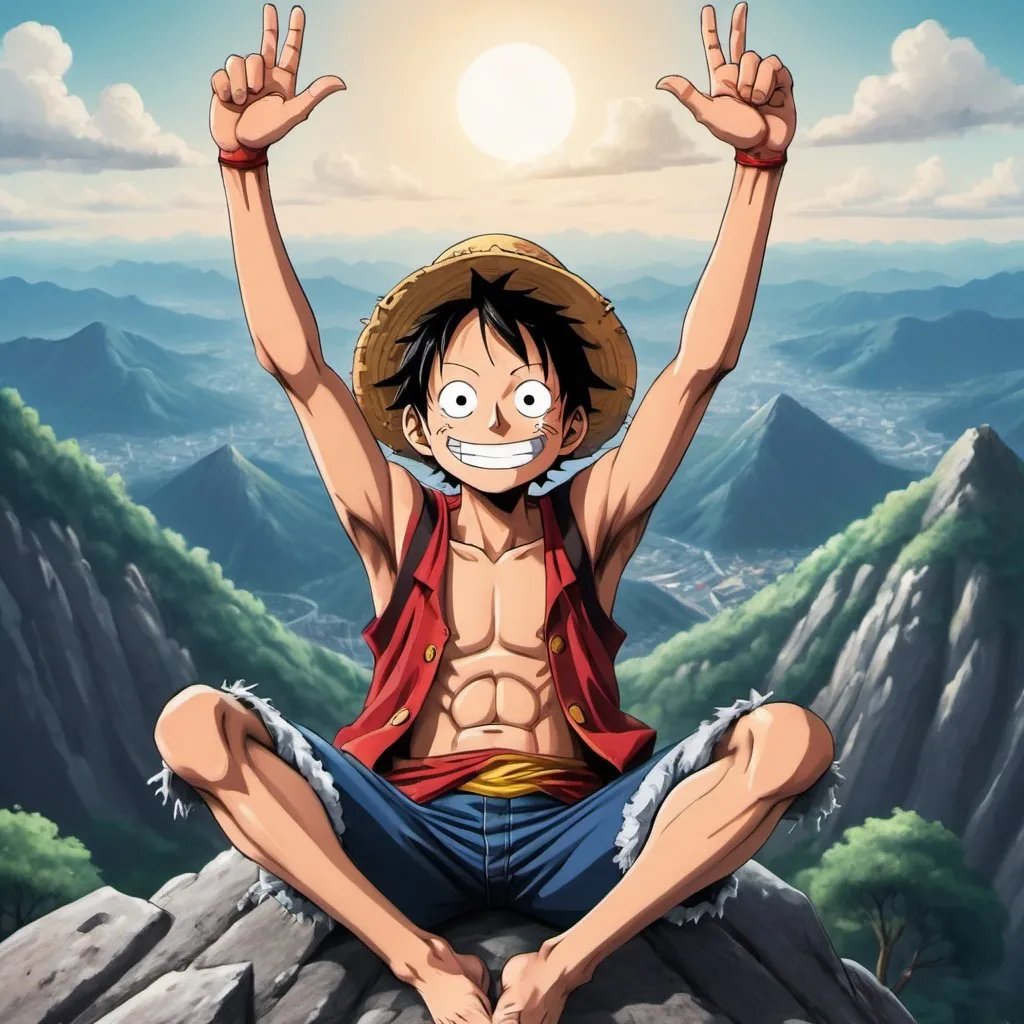 Prompt: Character like Adult Luffy from onepiece sits at the top of a mountain confidently with a wide smile and hands raised in the air. the full view of the mountain should be there. picture should be in high definition and high quality vectorized image. it should be fully in white and bright blue color. background should be black. The art is for my youtube channel banner. Noise reduction, and fine details, realistic textures, color grading , retouching