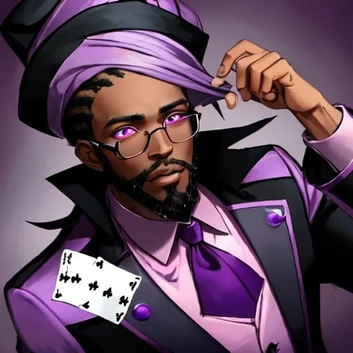 Prompt: a black man with beard in a purple jacket, wearing a purple magicians hat, with purple pupils. Poker cards and cubes around him
