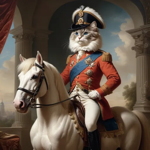 Prompt: Rococo era portrait, oil painting. (Ragdoll cat), wearing a high-ranking British officer's uniform, with. Ornate cavalry sword, riding a cavalry Doberman dog in military regalia, showcasing a regal pose, rich and elegant colors, elaborate detailing on the uniform, ornate cocked hat, sitting on a horse, soft and warm lighting, ornate background featuring classic interi or elements, plush textures, capturing the essence of aristocracy and grace, ultra-detailed, high resolution.