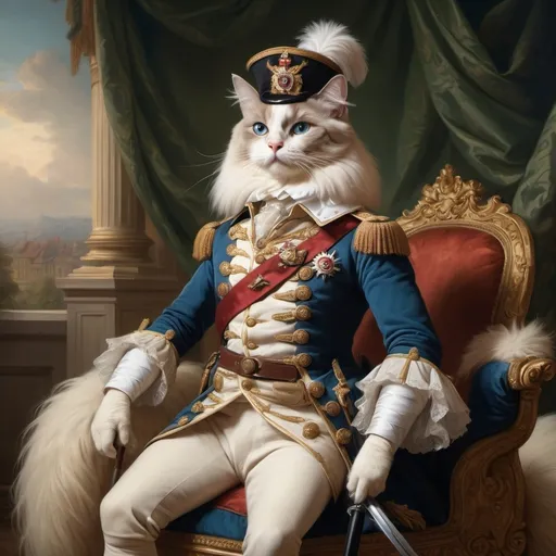 Prompt: Rococo era portrait, oil painting. (Ragdoll cat), wearing a high-ranking British officer's uniform, with. Ornate cavalry sword, riding a cavalry horse in military regalia, showcasing a regal pose, rich and elegant colors, elaborate detailing on the uniform, ornate cocked hat, sitting on a horse, soft and warm lighting, ornate background featuring classic interi or elements, plush textures, capturing the essence of aristocracy and grace, ultra-detailed, high resolution.