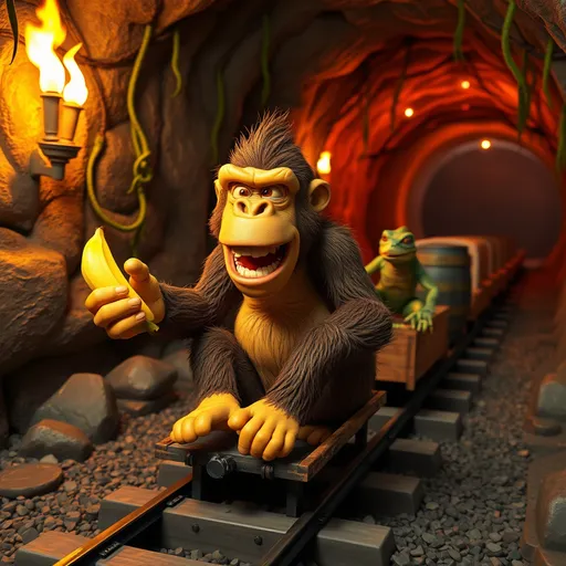 Prompt: Claymation style comical gorilla with yellowish orange skin and brown fur on mining cart, on train track in mining cave, of torches on wall and vines hanging down, while holding banana in hand, in the foreground, next to exsplosive barrel, in the background, while virtual humanoid lizard in another cart, far behind gorilla, chases towards gorilla at high speed, in the background, retro arcade feeling sweaty atmosphere