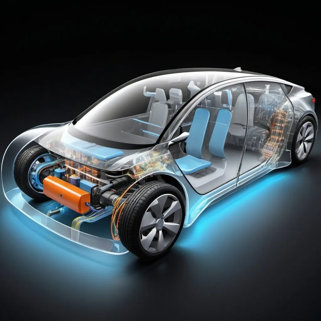 Prompt: Transparent technical illustration of an electric vehicle (EV), battery power flow visualization, detailed wiring and components, high-res, technical illustration, transparent, battery power flow, sleek design, professional, electric vehicle (EV), detailed components, futuristic, high-quality, detailed wiring, energy flow visualization, modern, technical, clean lines, professional lighting