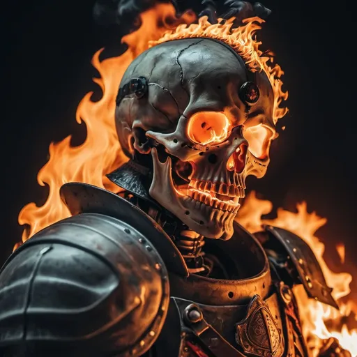 Prompt: A flaming skeleton wearing a knight armor with close up camera angle (profile picture)