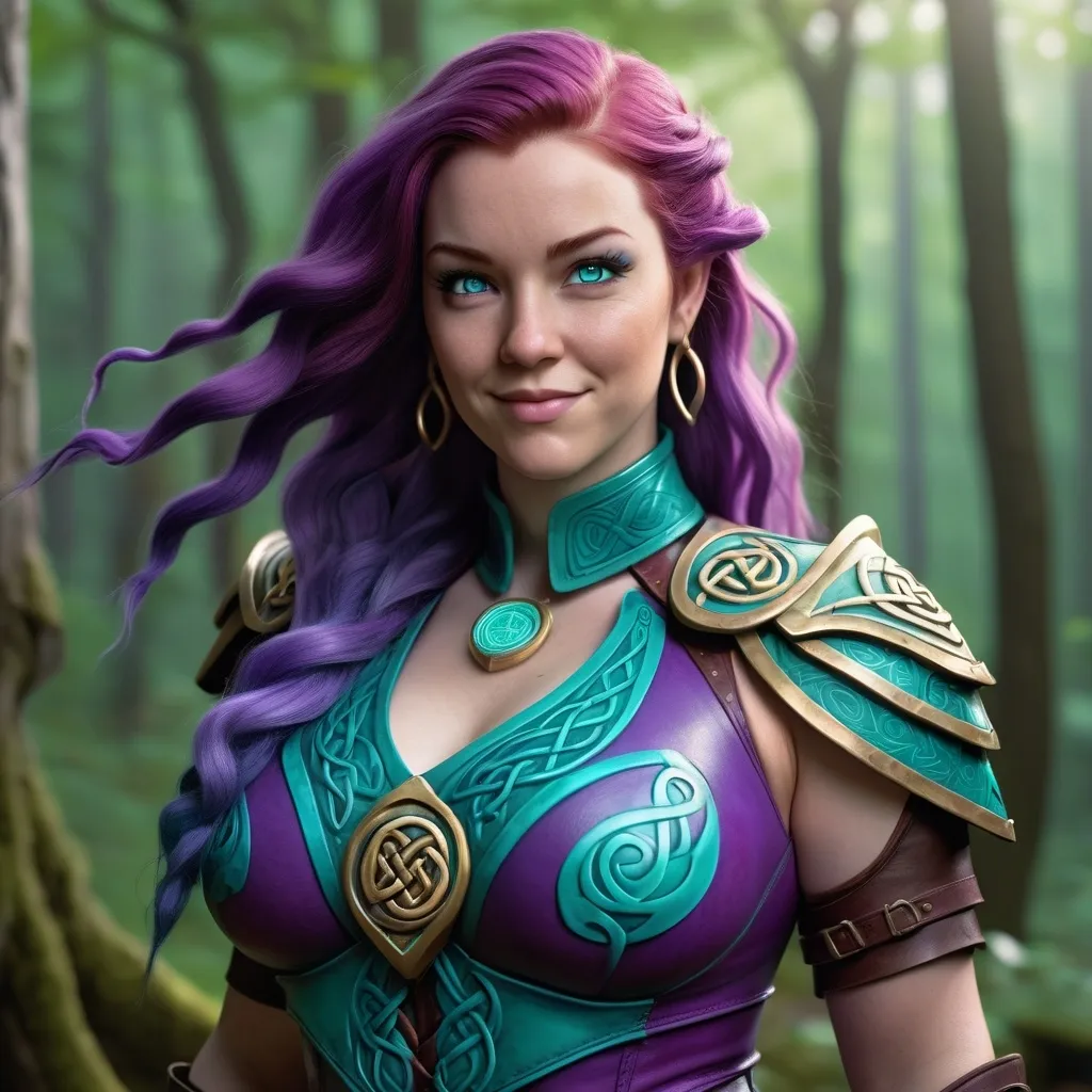 Prompt: Full figure. Round face. Large chest. Cyan eyes. Celtic knotwork. Flowing waves of long purple hair. Photorealistic fantasy character portrait. Full figured woman in her thirties. Short, round, kind face. Wry, closed-mouth smile. Large joyous cheeks. Soft jawline. Large chest. Flowing waves of long purple hair. Piercing cyan eyes. Wearing a turquoise cloak and purple leather armor with shoulder pauldrons, a high collar and a low cut neckline, all decorated with intricate teal and purple celtic knotwork, including her chest. The background is a deep mysterious forest. She is lit by soft light filtering through the trees