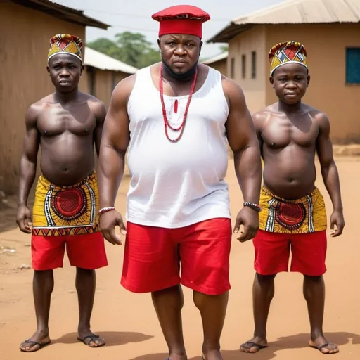 Prompt: Create an African character

1. Wearing a white singlet and an Ankara fabric short
2. Red Igbo cap with one feather on it
3. Fat 
4. Has Igbo tribal marks on his 
5. Male with a funny looking, bulgy eyes