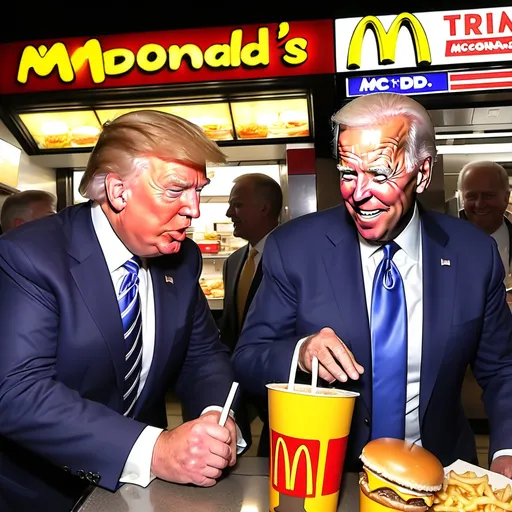 Prompt: Donald trump and Joe biden hang out at McDonald's