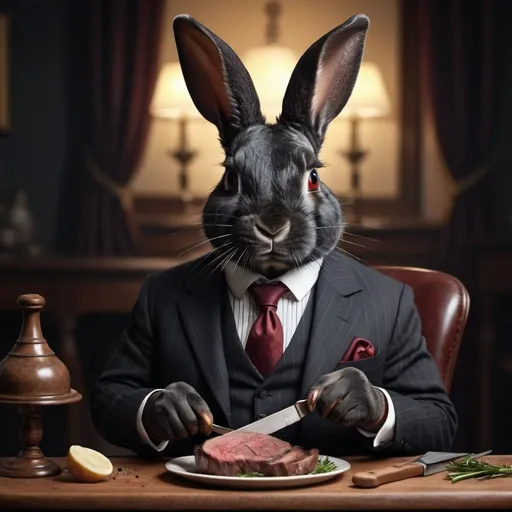 Prompt: Victorian black Rabbit portrait in a suit CUTTING A STEAK.

high resolution, 4k, detailed, high quality, professional, A2 portrait


