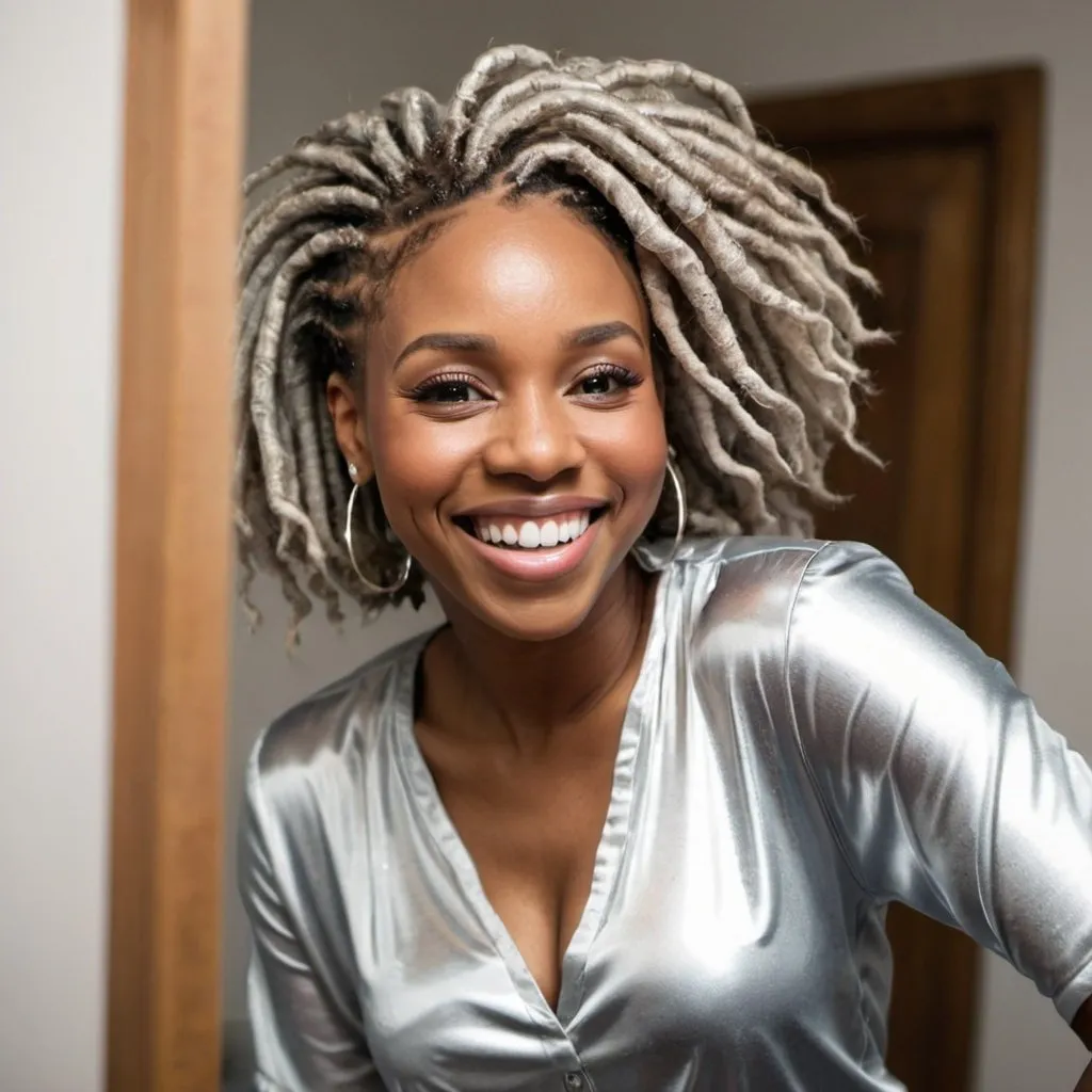 Prompt: A beautiful black woman with locs looking in the mirror 
She has a huge smile and dressed in a silver blouse 