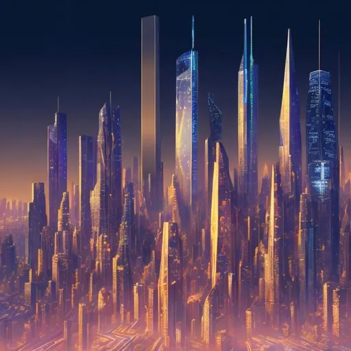 Prompt: Digital illustration of a futuristic city skyline, golden hues and sleek metallic tones, financial district at dusk, high-tech skyscrapers with shimmering glass facades, bustling crowd of business professionals, advanced holographic financial charts and data projections, best quality, highres, ultra-detailed, digital illustration, futuristic, golden tones, financial district, holographic displays, sleek design, professional, atmospheric lighting