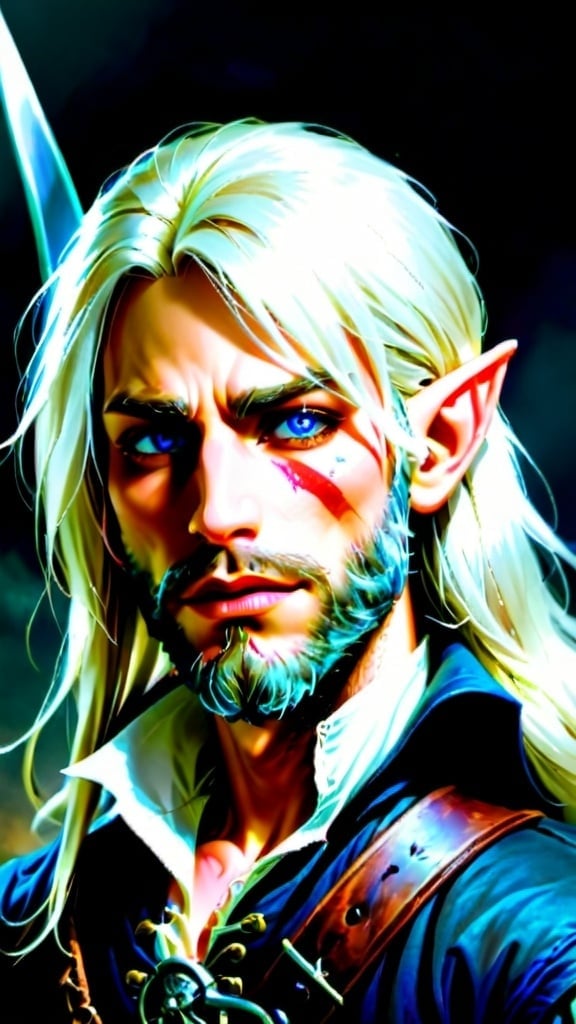 Prompt: Young elven pirate with white hair and beard, blue eyes, refined Renaissance clothing, rapier, pistol, scar running along the lip, high quality, Renaissance style, cool tones, dramatic lighting, detailed facial features, professional, fantasy, atmospheric