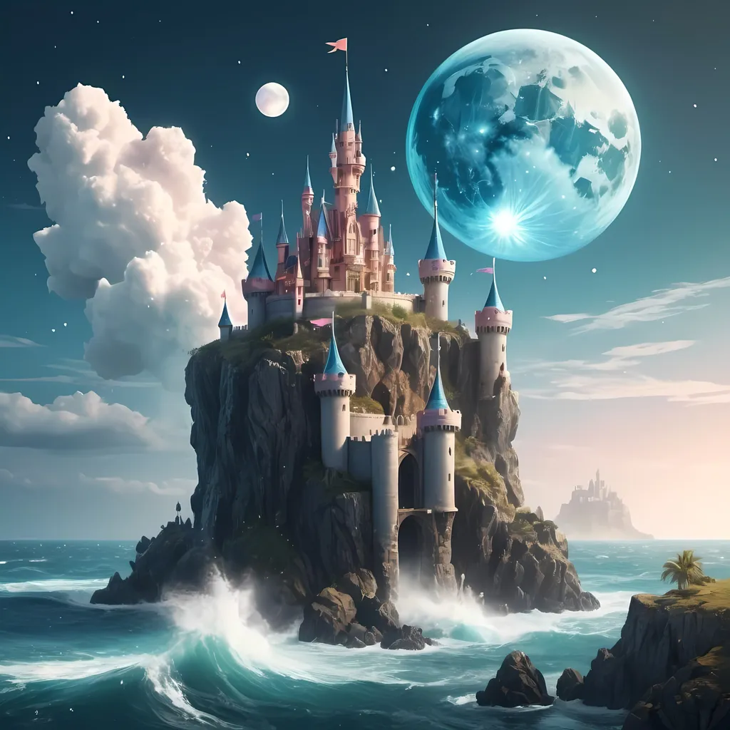 Prompt: A fantasy castle on a small island surrounded by the sea on a planet with two moons. The sea has huge waves crashing into rocks. A princess with a robe and crown is at the balcony of the castle