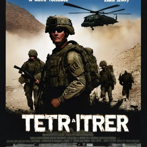 Prompt: movie poster with the text "terror" and U.S. Army soldiers in the background in Afghanistan 