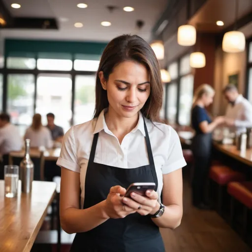 Prompt: restaurant owner looking management app on her phone in the restaurant blured in the background